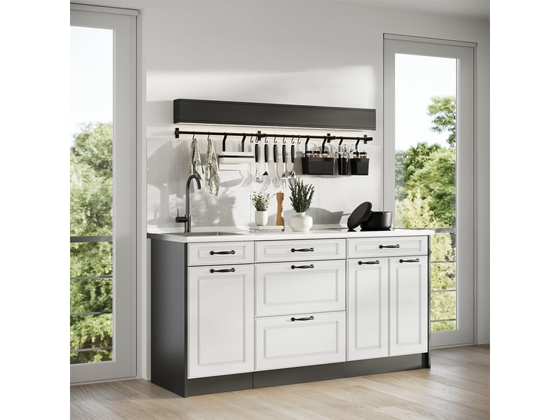 Vicco bloc de cuisine, blanc campagneanthracite, 160cm plan de travail anthracite  - Conforama C