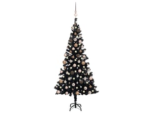 Sapin de noël, arbre de noël artificiel pré-éclairé et boules noir 180 cm pvc