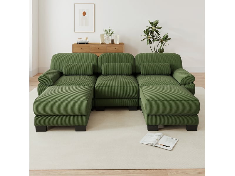  Canapé modulable tcqpz 3 places en u avec 2 poufs 265 x 161 x 94 cm velours côtelé vert  - Conforama B