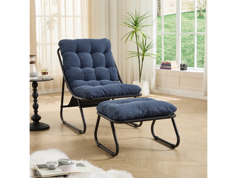  Fauteuil de jardin avec repose-pied - 65x78x86cm - chaise lounge relax avec coussin moelleux - acier &amp; velours côtelé-bleu marine  - Conforama B