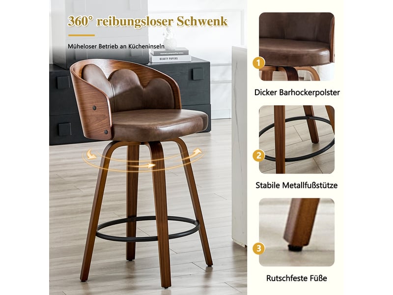  Lot de 2 tabourets de bar,46.5x41.5x89 cm,bois courbé et pu,marron  - Conforama D