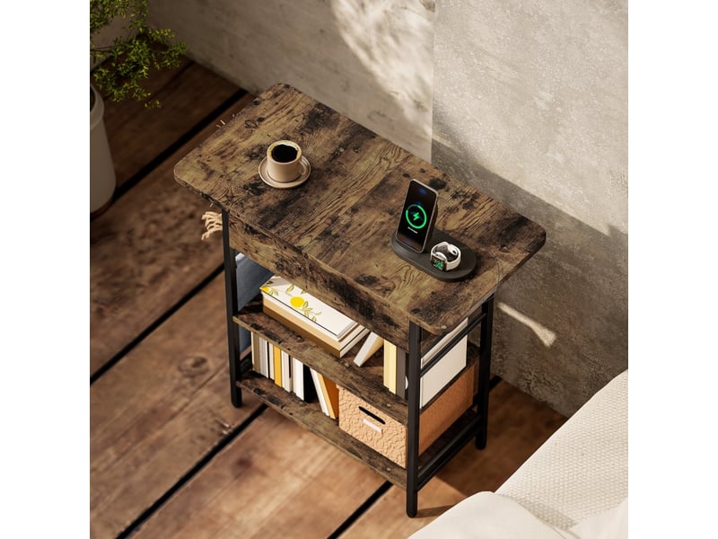  Table de chevet avec 2 prises, ports usb et usb-c, 2 étagères et coffre rabattable pour chambre, 60×29,8×58,5 cm  - Conforama C