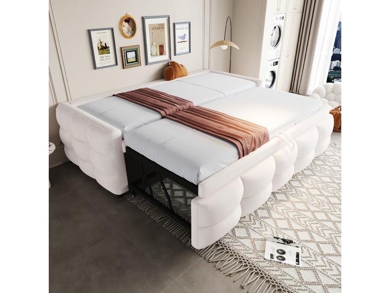  Canapé-lit extensible 90180*190cm, lit capitonné, pouf, tissu teddy, coloris beige, livré sans matelas.  - Conforama E