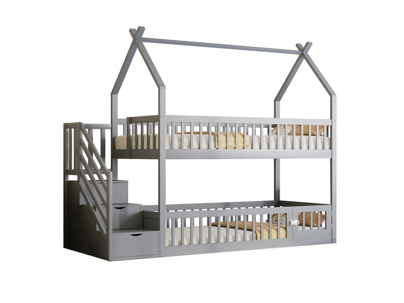  Lit superposé en bois massif gris 90x200 cm  - Conforama A