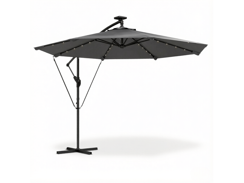  Parasol déporté de jardin avec éclairage led solaire, toile ronde ø 295 cm, gris foncé et noir  - Conforama A
