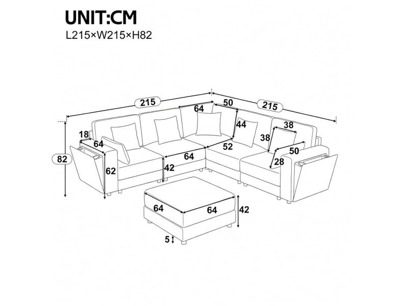  Canapé d'angle modulable 6 places en tissu chenille gris avec ports usb et type c porte-gobelets et rangement 7 coussins inclus  - Conforama C