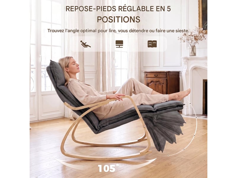  Fauteuil à bascule avec repose-pieds réglable tissu gris foncé 67 x 106 x 92 cm  - Conforama E