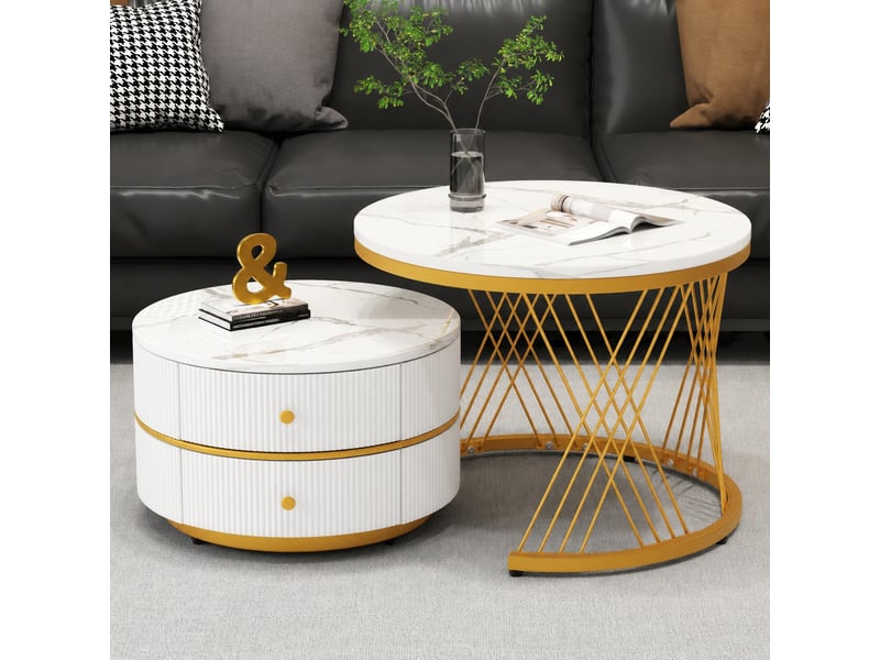 Tables basses gigognes effet marbre, 2 tables rondes avec 2 tiroirs, 60 et 50 cm, blanc - Conforama C