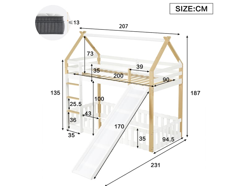  Modenvie lit mezzanine enfant 90x200 cm - avec toboggan, toit cabane, sans matelas - blanc et naturel  - Conforama C