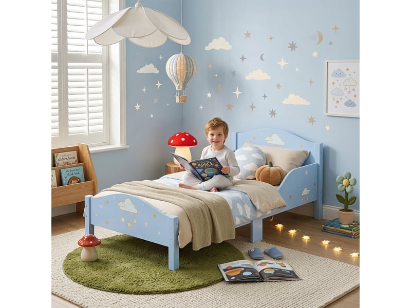  Lit enfant 70 x 140 cm, barrière de sécurité, motif nuage, bleu  - Conforama C