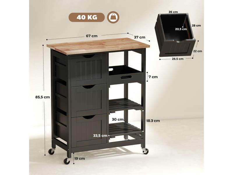  Desserte de cuisine à roulettes 3 tiroirs plateau amovible noir 67 x 37 x 85,5 cm  - Conforama C