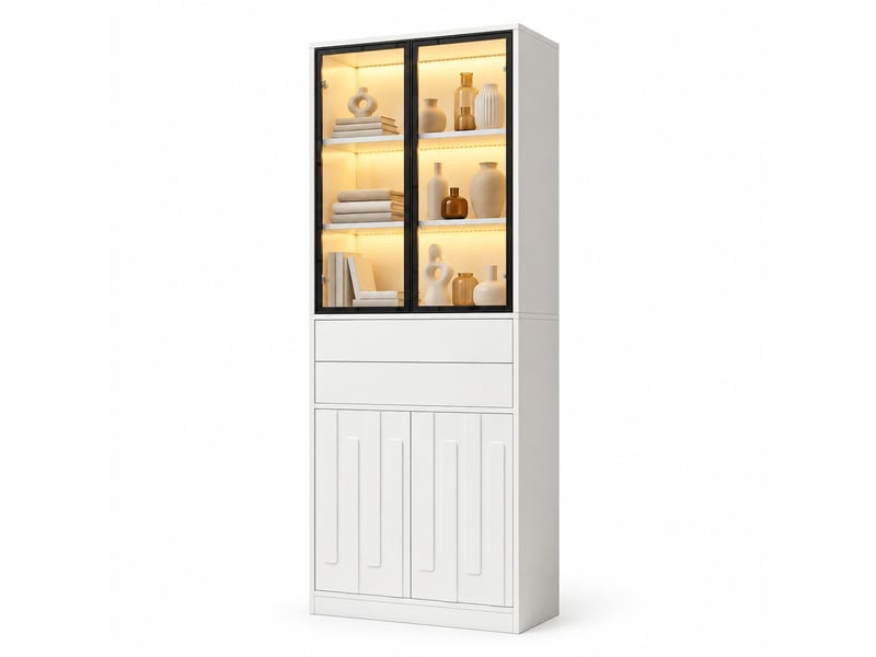  Vitrine haute 70 x 34 x 180 cm blanche en panneaux de particules, led bluetooth, 2 tiroirs et 4 portes  - Conforama A