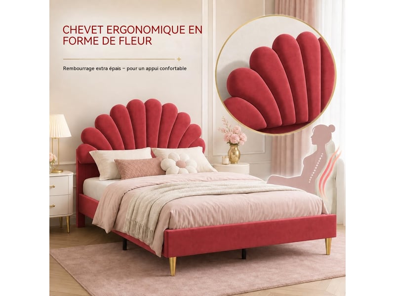  Lit enfant 140x200 cm cadre rembourré en velours, tête de lit design pétale, pieds métalliques dorés, structure stable charge 150kg  - Conforama D