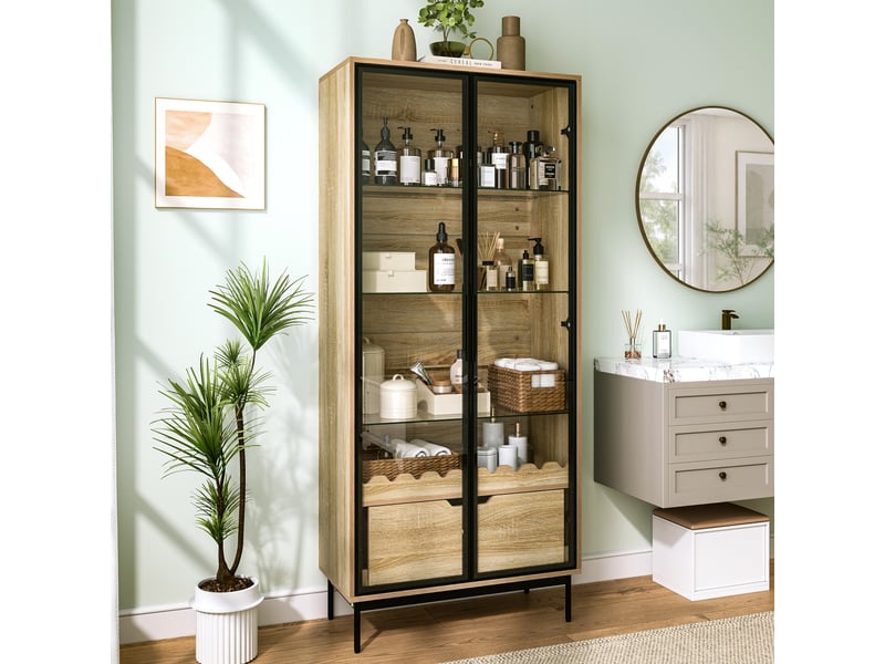  Vitrine en verre noir 4 niveaux avec éclairage led avec contrôle par application, 40x29x170 cm  - Conforama D