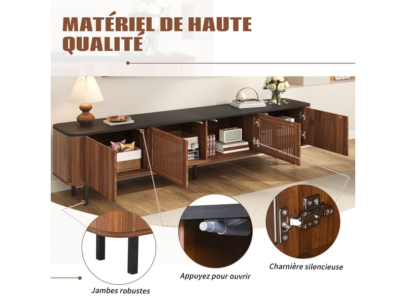 Meuble tv 190 x 35 x 45 cm, 4 portes dont 2 ajourées, rangements, pieds métal, décor noyer et noir, meuble bas de rangement pour le salon ABC - Conforama E
