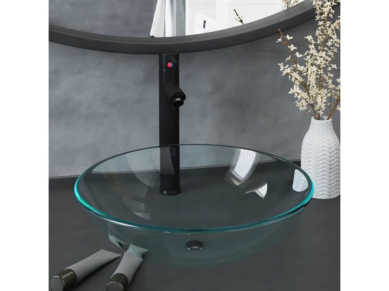  Lavabo de bain, vasque à poser avec robinet et drain à poussoir verre trempé cf65643  - Conforama B