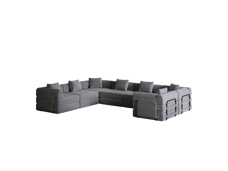 Canapé-lit modulable convertible 2-en-1, 6 places 274x183,8x69,8 cm, espace de rangement, accoudoir métal, chenille, gris - Conforama A