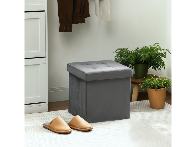 Tabouret gris pliant avec espace de rangement et boîte de rangement en mousse et mdf - Conforama D