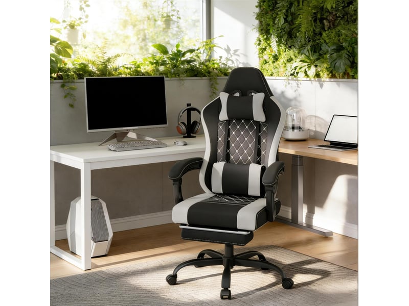 Chaise de bureau pivotante avec massage lombaire, appuie-tête et accoudoirs réglables en tissu mesh noir et gris - Conforama D