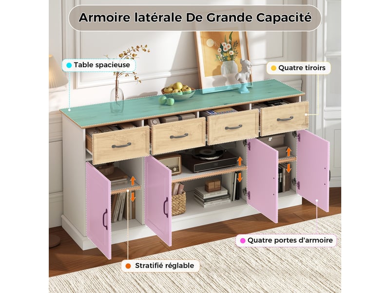  Commode 4 tiroirs et 4 portes, 160 x 40 x 78 cm, structure mdf, poignées en fer, couloir ou salle à manger, blanc  - Conforama E