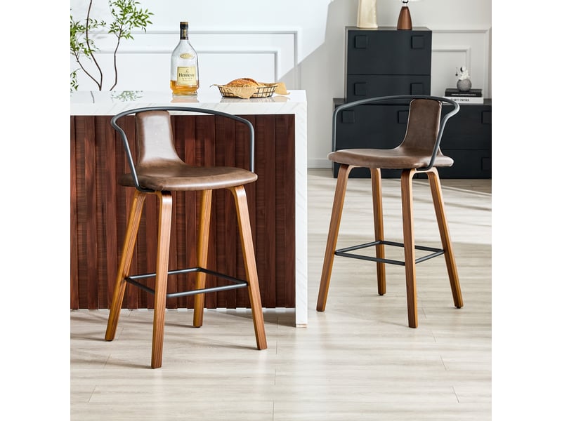  Lot de 2 tabourets de bar 48x44x88cm - modern skandinavisch - pieds en noyer - coussin de siège en cuir - marron  - Conforama B
