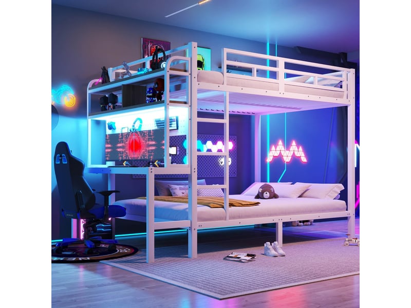  Lit superposé 140x200 cm avec bureau, led multicolore, usb, rangement et étagères, barrières de sécurité, cadre en métal, mdf, blanc Radiant Stride - Conforama B