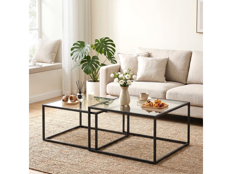  Lot de 2 tables basses gigognes, noir, table de salon avec plateau en verre trempé et structure en métal  - Conforama A