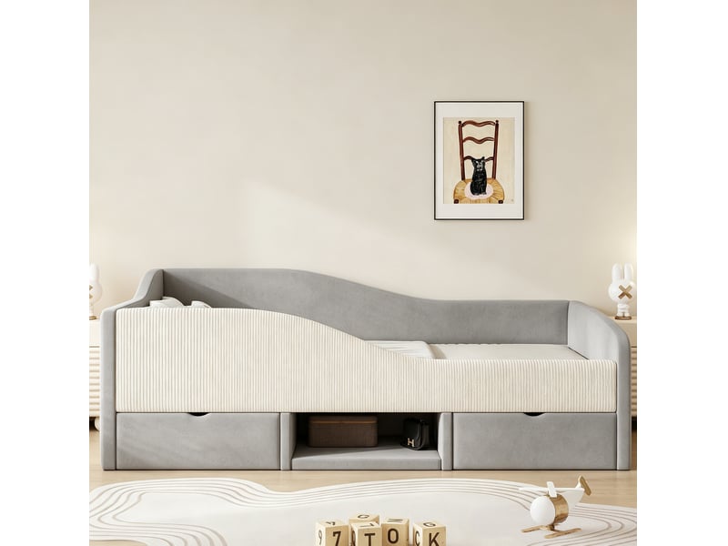  Lit enfant 90 x 190 cm en velours gris avec barrières, 2 tiroirs et rangements  - Conforama D