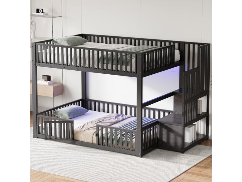  Lit superposé bas 140x200 cm avec échelle de rangement double, éclairage led intégré, barrières de sécurité et petite porte, noir  - Conforama D