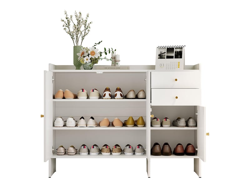 Meuble à chaussures 3 portes 2 tiroirs poignées métalliques anti-basculement couloir entrée blanc l120h90p35 cm