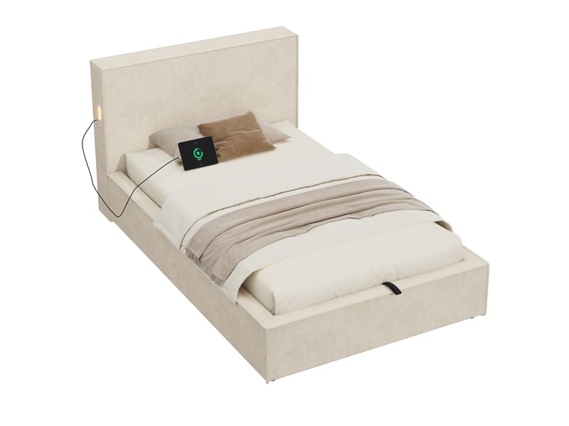 Lit coffre hydraulique enfant 90x200 cm rembourré en chenille beige avec grand rangement, tête de lit et sommier à lattes Morn Vibe - Conforama A