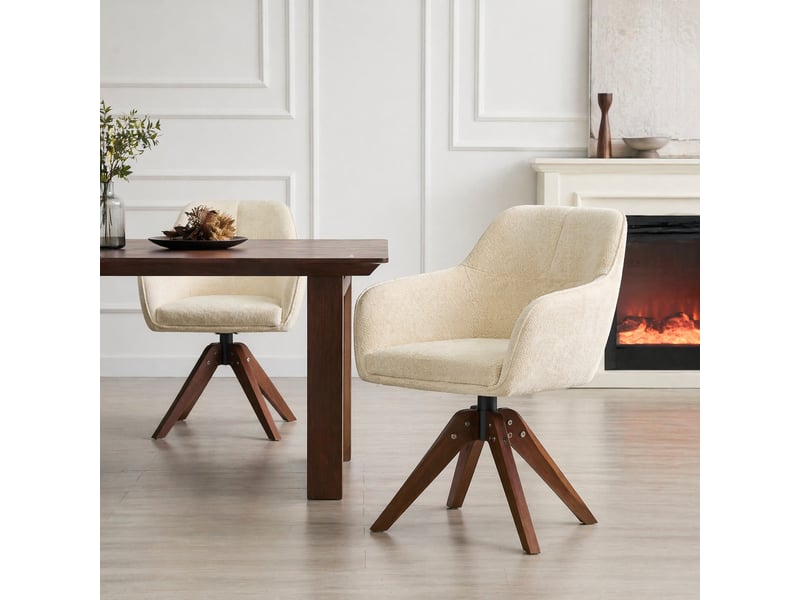  Lot de 2 chaises pivotantes 360° avec accoudoirs  - dossier ergonomique, tissu crème et bois noyer  - Conforama B