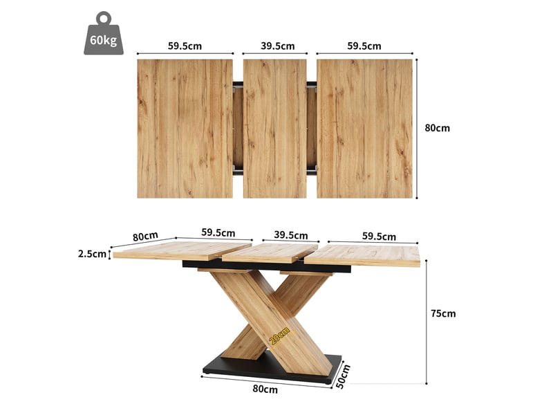  Table à manger extensible 119-158,5 x 80 cm en mdf, finition naturelle, 6-8 personnes  - Conforama C