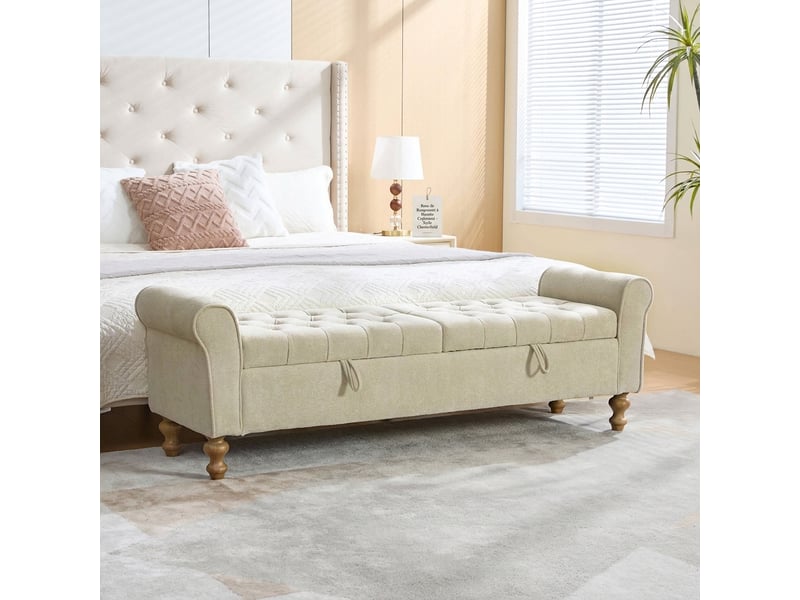  Banc de rangement grège 156 cm en velours avec 2 couvercles et accoudoirs enroulés  - Conforama B