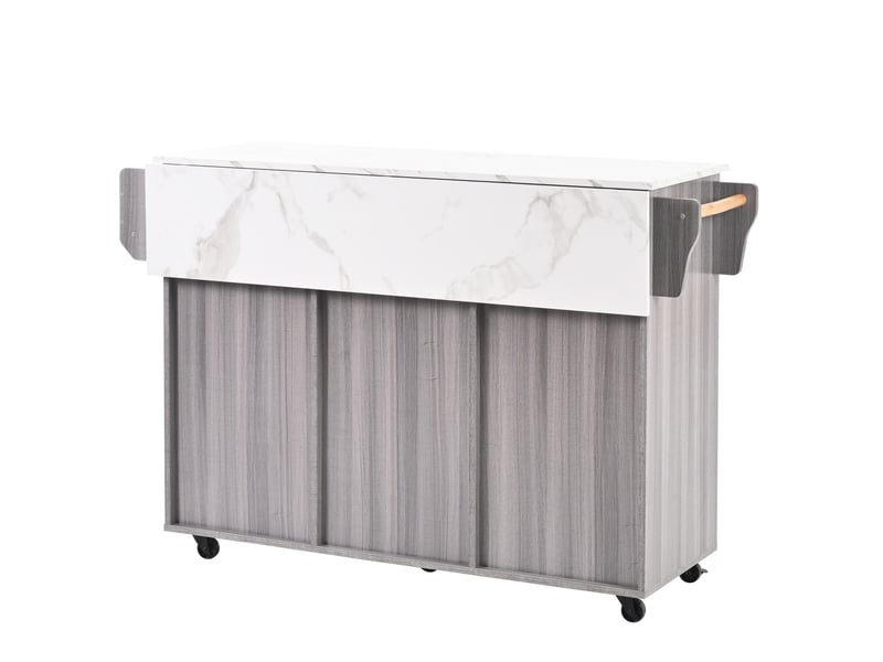  Desserte de cuisine 139 x 46 x 91,5 cm grise en panneaux, plateau rabattable, tiroirs et portes sur roulettes  - Conforama A