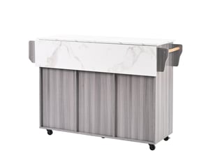 Desserte de cuisine 139 x 46 x 91,5 cm grise en panneaux, plateau rabattable, tiroirs et portes sur roulettes
