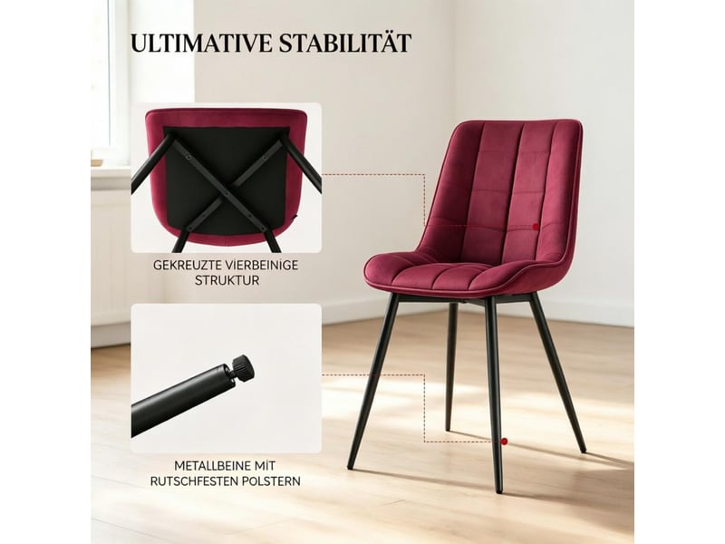  Chaise de salle à manger lot de 2 avec dossier ergonomique et patins antidérapants en velours rouge vin  - Conforama E