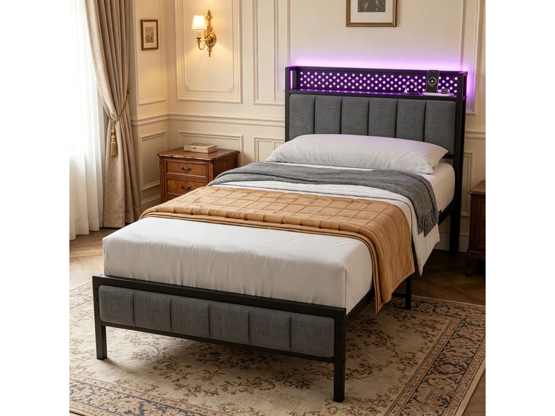  Lit simple en métal 90x200 cm avec rangement et usb noir  - Conforama B