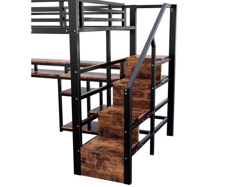 Lit mezzanine 140×200 cm avec armoire-échelle, étagères, led, usb et type-c, mdf et métal noir sans matelas - Conforama D