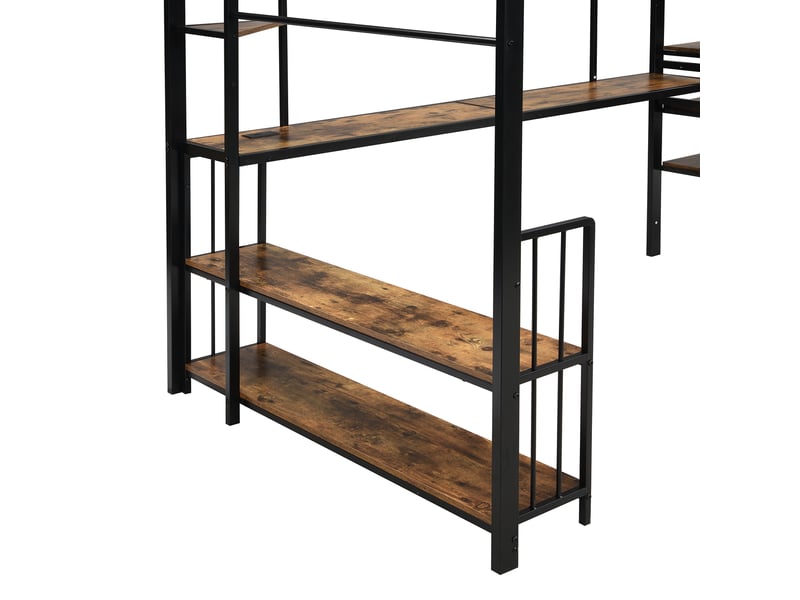  Lit mezzanine, lit simple en métal avec échelle, prise, porte-vêtements et tablette, 120x200 cm, sans matelas  - Conforama E