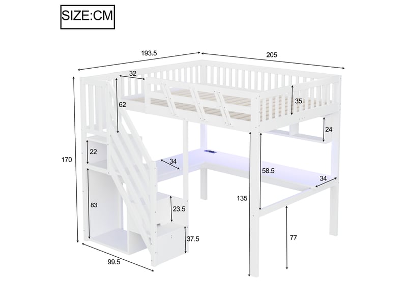  Lit mezzanine enfant 140x200 cm - escalier avec rangements, bureau intégré, prise usb et éclairage led - bois massif - blanc  - Conforama E