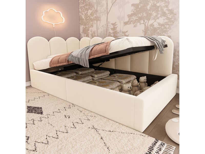  Lit banquette 200×90 cm avec rangement hydraulique, sommier à lattes métalliques, sans matelas, en velours beige  - Conforama B