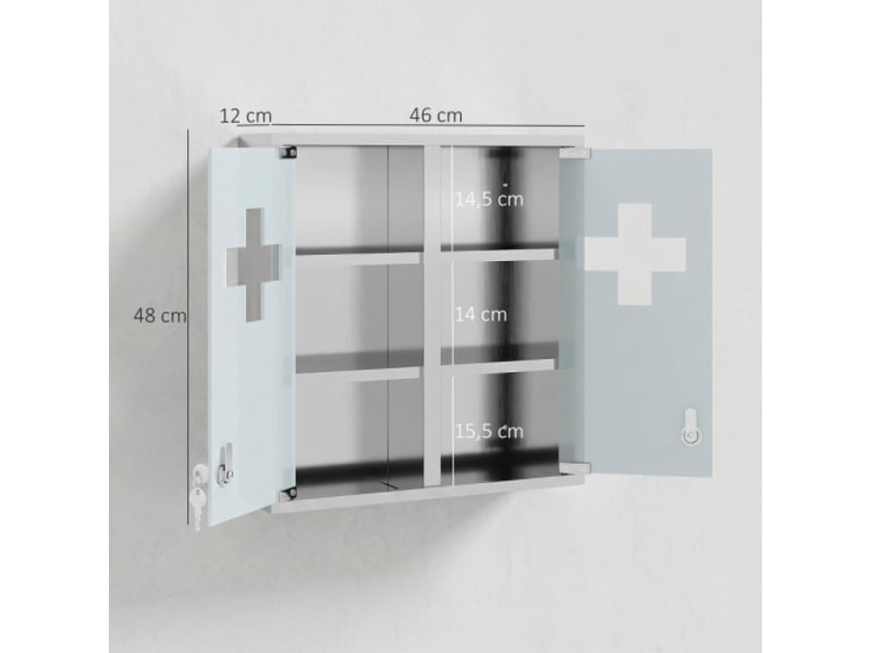 Armoire à pharmacie verrouillable argentée, 48 x 46 x 12 cm, porte vitrée, 6 étagères et 2 clés  - Conforama D