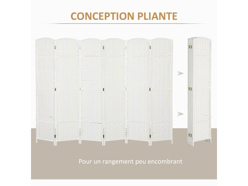  Paravent interieur en bois 6 panneaux 240 x 170 cm séparateur de pièce pliable pour salon, chambre à coucher, naturel  - Conforama R