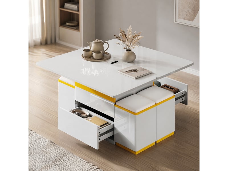  Table basse relevable et dépliante avec 4 tabourets de rangement, blanche et jaune  - Conforama D