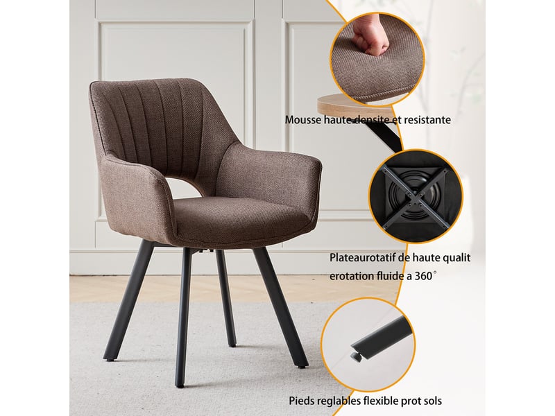  Lot de 6 chaises de salle à manger pivoter à 360° - cuisine, salon - avec dossier ajouré - lin - pieds en métal - marron foncé  - Conforama D