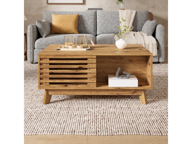  Table basse relevable effet bois avec rangement et porte persienne coulissante, 90 x 55 cm  - Conforama B