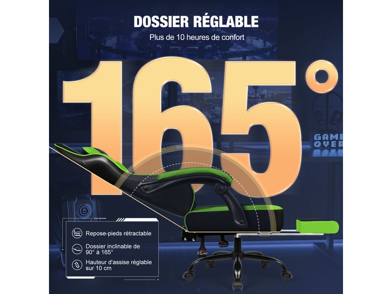 Chaise gaming, fauteuil de bureau ergonomique avec repose-pieds télescopique, chaise bureau avec appui-tête et soutien lombaire, fauteuil gaming ergonomique 150 kg, réglable en hauteur, vert - Conforama D