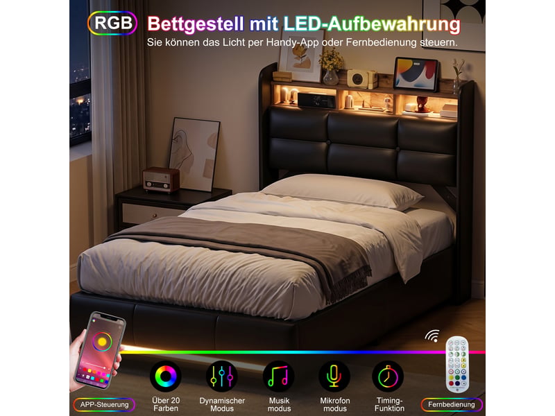 Lit pour enfant 90 x 200 cm avec led et usb, lit une place, lit avec coffre de rangement hydraulique en similicuir, noir, sans matelas - Conforama R