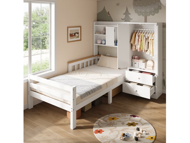  Lit enfant 90x200 cm avec rangement, en bois et mdf blanc  - Conforama C